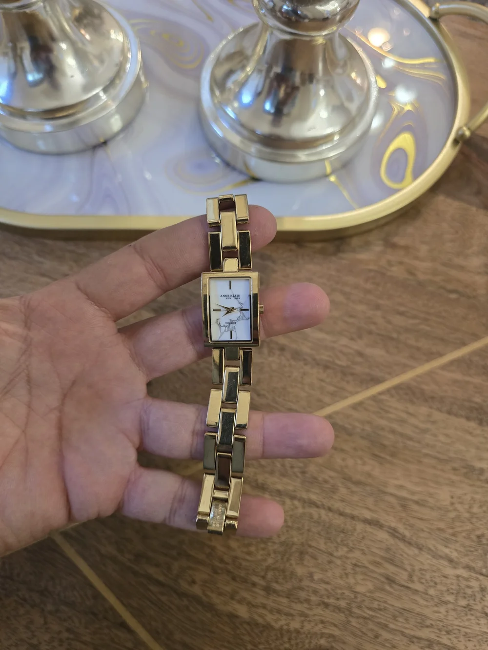 Anne Klein Gold-Tone Howlite Rectangular Bracelet Watch